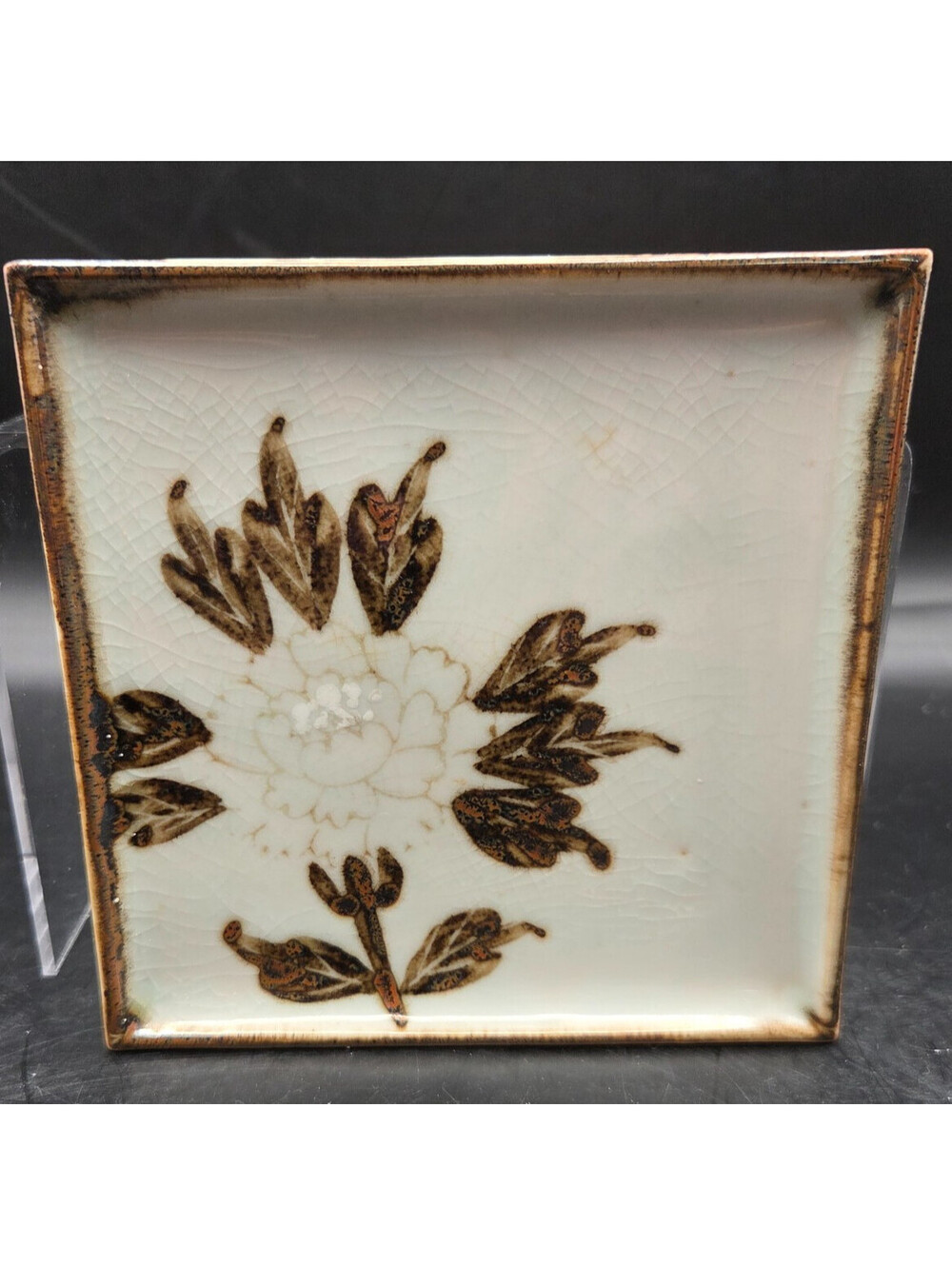 ART POTTERY Square Floral Dish Ivory Crackle Glaze Studio Plate Handmade Art